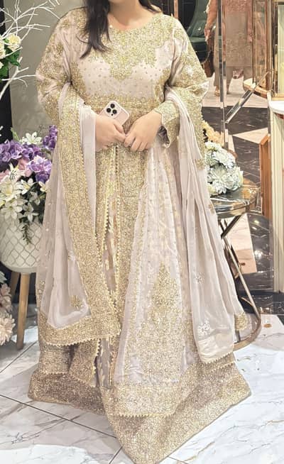 Luxury Gold Embroidered Maxi Dress with Dupatta – Wedding Wear
