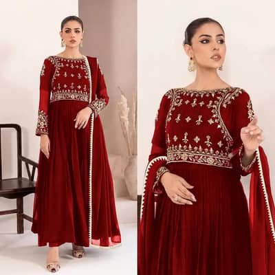 Red Blue Black 3 Colors Chiffon Embroidery Maxi 3pc