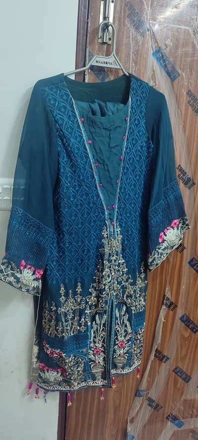 Beautiful darkDark Teal Blue 3 Piece Embroidered Party Wear Suit  omen