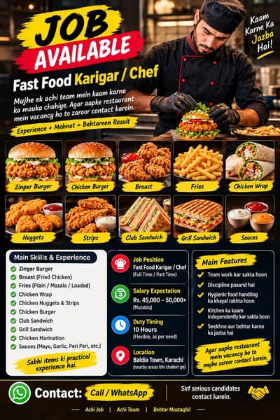 Experienced Fast Food Karigar / Chef Available – Karachi
