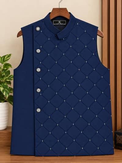 Designer Navy Blue Quilted / Diamond Pattern Waistcoat