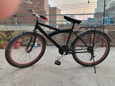 Black Bicycle with Red Rims – Rear Carrier & Mudguards