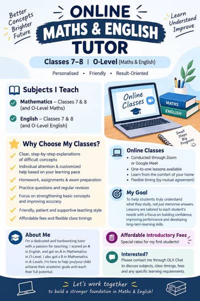 Online Maths & English Tutor for Classes 7-8 and O-Level