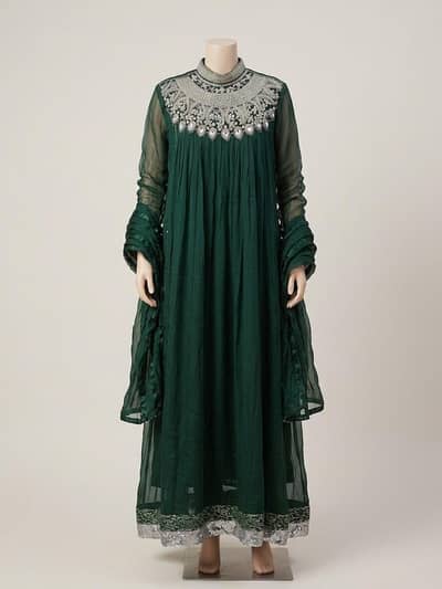 Dark Green Chiffon Party Wear Maxi/Frock
