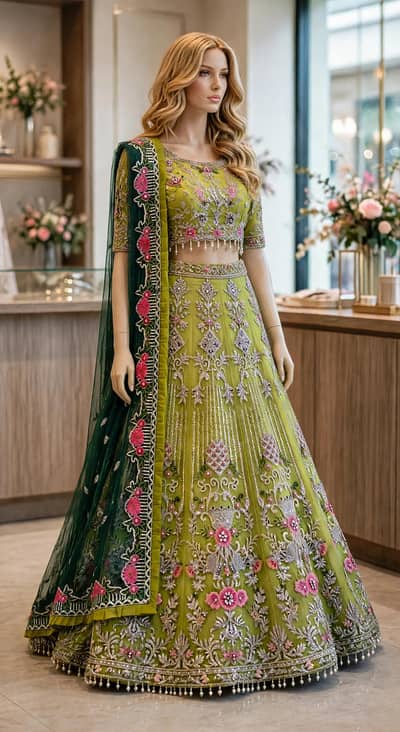 Brand New lime green green mehndi bridal lhnga