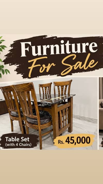 4-Seater Marble-Top Dining Table with Wooden Chairs
