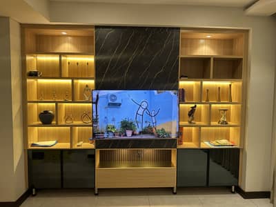 Modern Wood 10.5 ft x 8 ft Media Wall with LED Lights & Glass Cabinets