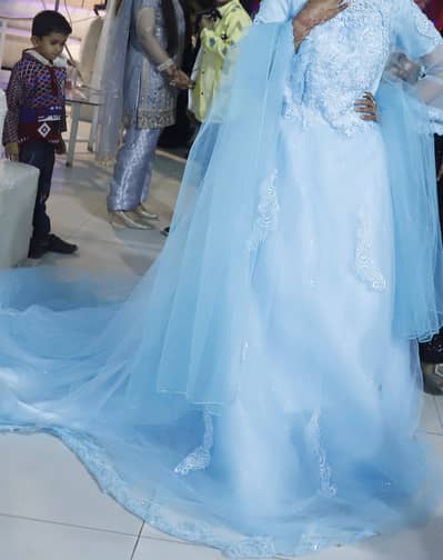 Sky Blue Bridal Wedding Maxi Dress with Embroidery and Long Trail