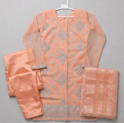 Stitched 3 Piece organza dress with jaquard dubata & trouser