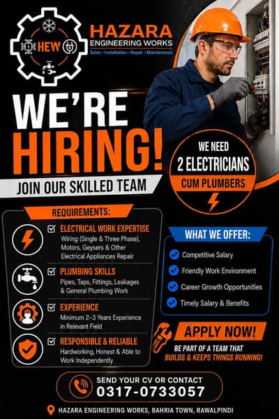 Hiring  Electricians cum Plumbers –Bahria Town Rawalpindi
