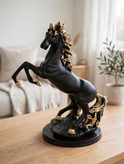 Black Horse Statue with Golden Polish 12 Inch - Sunehra Home Decor