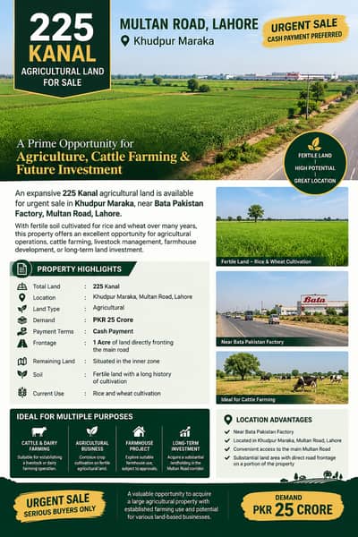 225 KANAL AGRICULTURAL LAND FOR SALE Multan Road, Lahore | Khudpur Ma