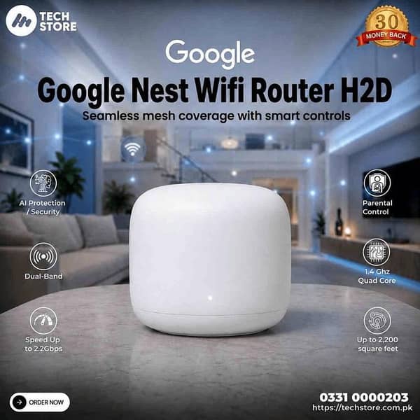 Google Nest Wifi AC2200 – Mesh WiFi System H2D Wifi Router – 2200 Sq With Original Adapter (Pre-Owned)