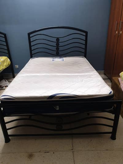 Black Iron Bed Frame with Wooden Base & Mattress