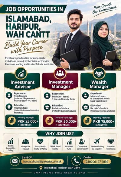 JOB OPPORTUNITIES IN ISLAMABAD, WAHCANT, HARIPUR.