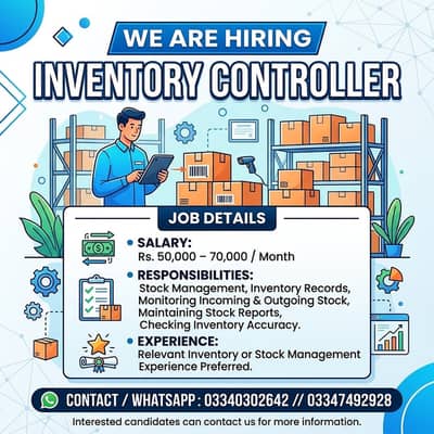 Inventory Controller Required – Salary Rs. 50,000 to 70,000