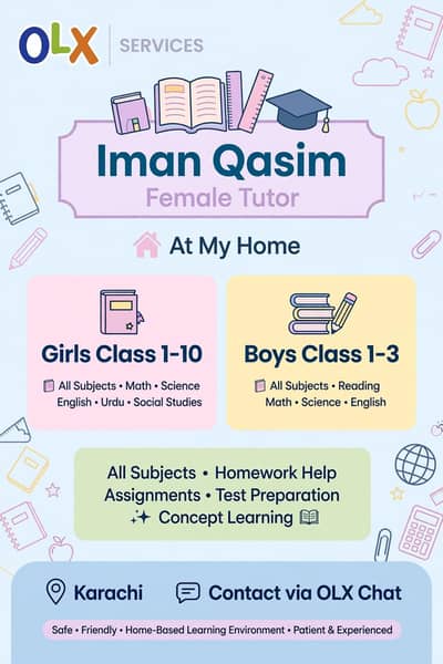 Female Tutor Karachi - At My Home - Girls Class 10 & Boys Class 3