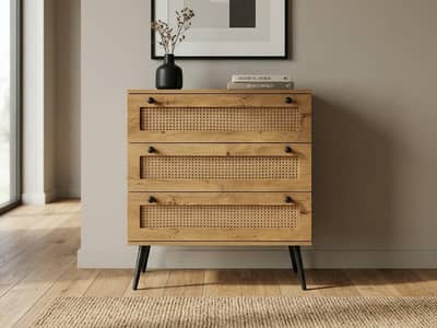 Modern Rattan Accent Console / 3-Drawer Storage Cabinet