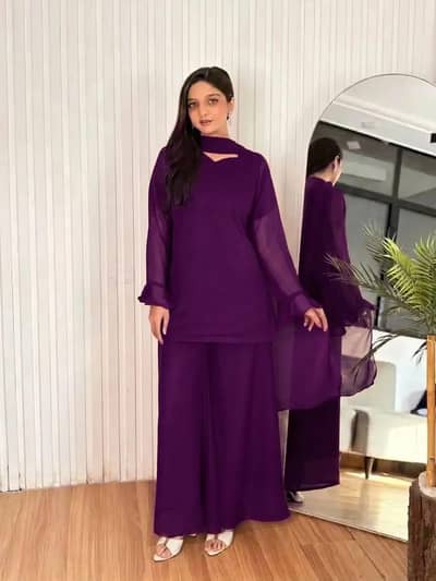 Women's Chiffon Short Shirt Palazzo 3 Piece Suit