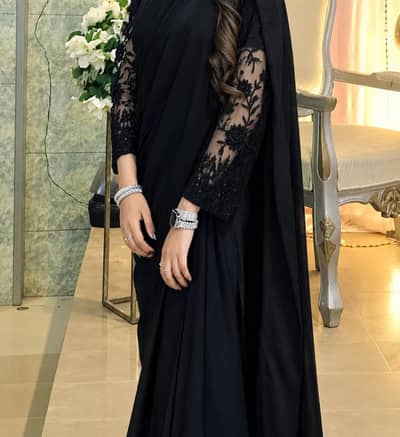 Black silk  party wear Saree -one time used -handwork sleeves -likenew