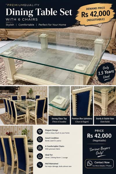 Premium Glass Dining Table Set with 6 Blue Chairs – Excellent Design