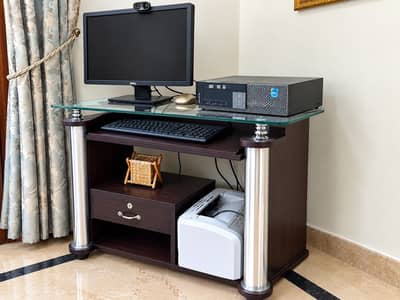 Computer Table Trolley with Glass Top, Storage Drawer & Silver Legs
