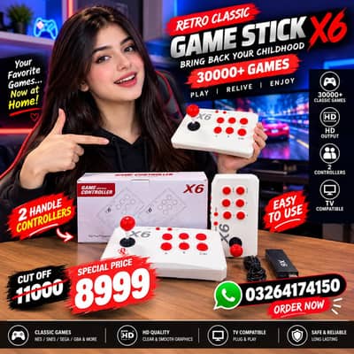 X6 GAME STICK WITH 2 HANDLE CONTROLLERS 30000+ GAMES 0326/4174/150