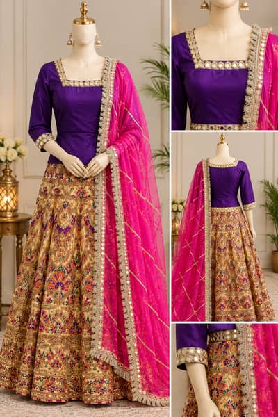 Elegant Purple & Golden Lehenga with Pink Dupatta, Excellent Condition