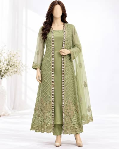 Elegant Pistachio Green 3 Piece Fancy Embroidered Suit