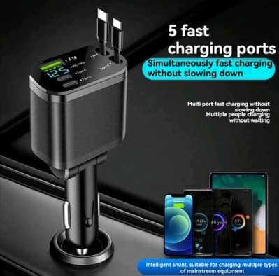 Upgraded 4 in 1 Retractable Fast Car Charger 100W type voltage display