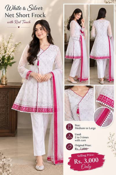White Silver Net Short Frock | White Pink Formal Suit | Embroidered