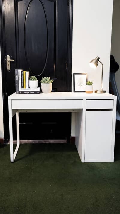 White Wooden Study Table with Drawers & Storage Cabinet
