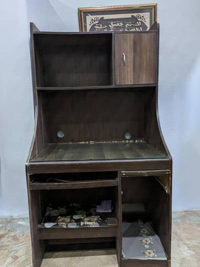 Wooden Computer Table with Keyboard Tray & Storage Cabinet