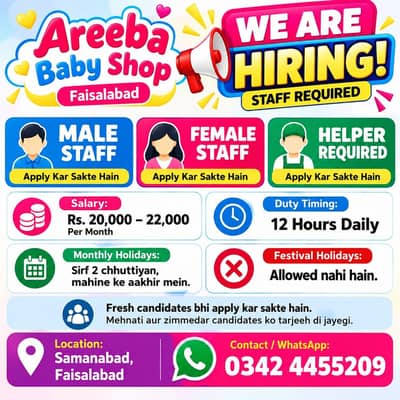 Title: Male, Female Staff & Helper Required – Areeba Baby Shop
