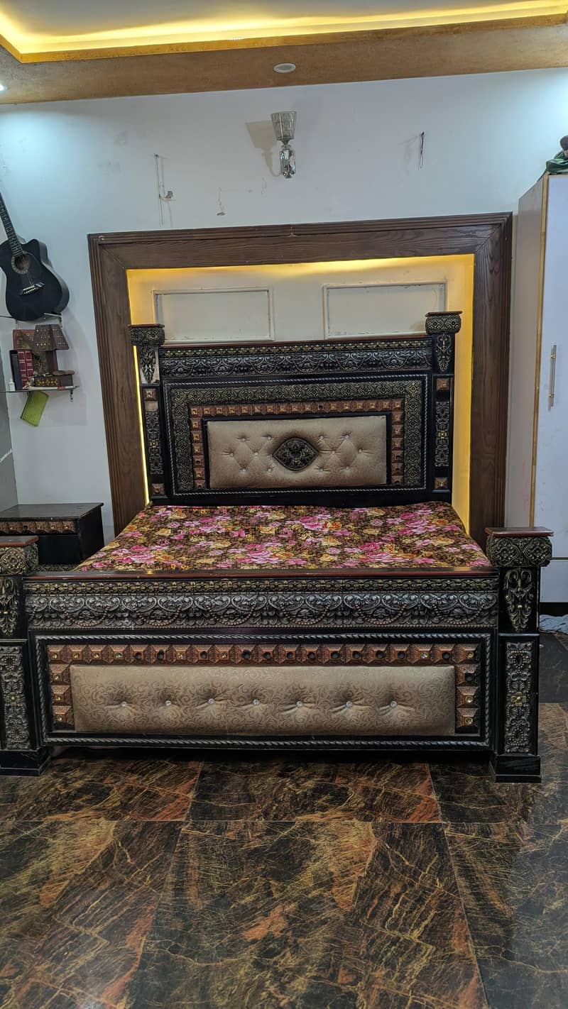 Woden bed with dressing and side table 0