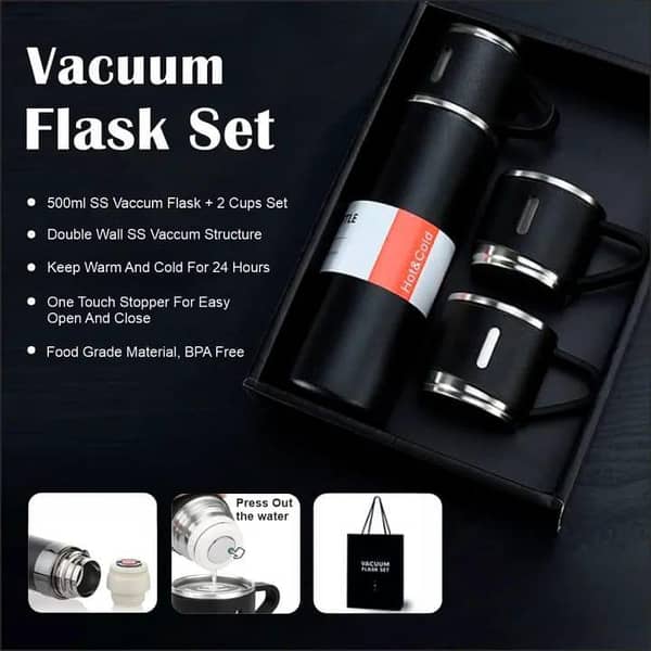 Stainless Steel Thermal Vacuum Flask Set with 3 Cups
