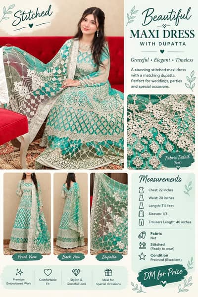 3 piece stitched dress full long maxi with trouser and dupatta
