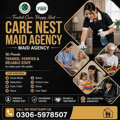House maids, Maid, Baby Sitter, Chef, Home Cook, Patient Care, Driver