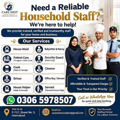Maids, Driver, Cook , Babysitter, Nanny & Patient Care Staff Available