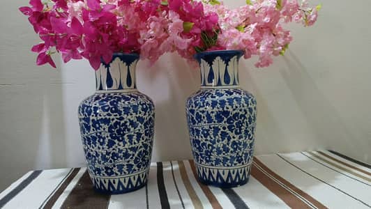 Beautiful Blue & White Ceramic Flower Vases – Pair for Sale