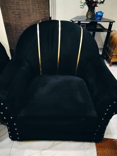 Black Velvet 6 Seater Sofa Set with Golden Design