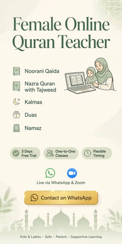female online Quran teacher for kids & females 3 days free trial