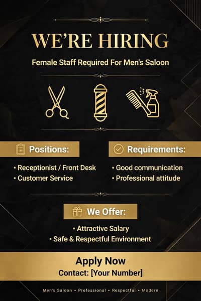 03096753926.  Need ladies staff for men's saloon