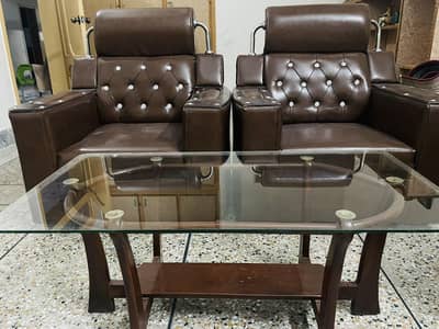 used good condition 5-Seater Brown Sofa Set with  Glass-Top Table.
