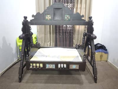 Handcrafted Wooden Jhoola (Swing Bed) With Painted Floral Tiles