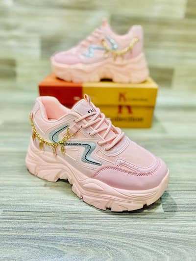 Pinky Chunky Sneakers With Gold Chain Detail For Women