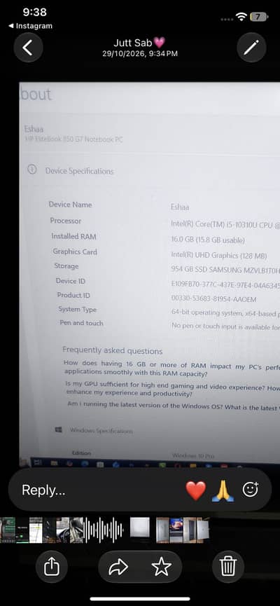 Hp elite book 850 g7 notebook pc