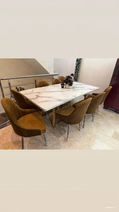 Like-New 8-Seater Marble Look Dining Table with Velvet Chairs