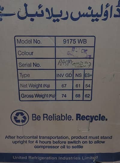 dawlance refrigerator inverter model  9175WBGD R medium size T R-600a
