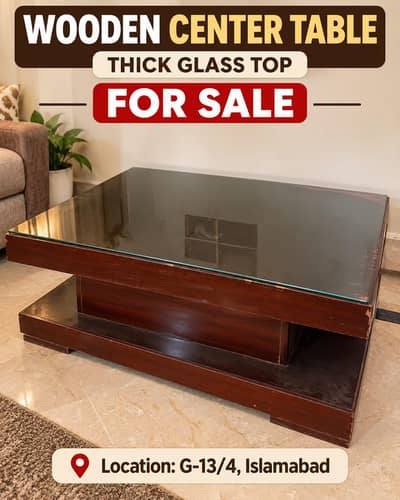 Wooden Centre Table with Thick Glass